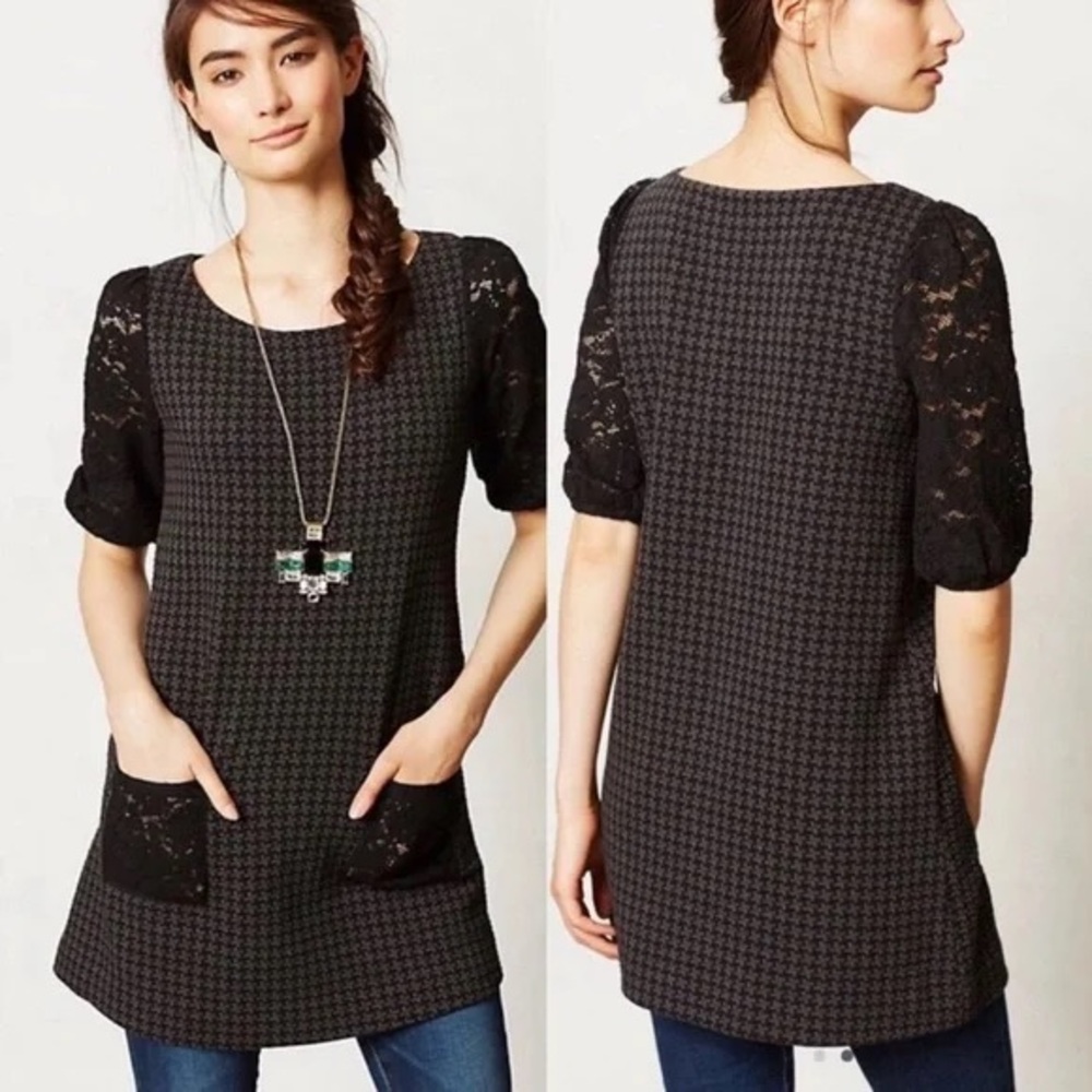 Anthropologie Postmark Gray & Black Houndstooth Tunic Dress with Lace Sleeves Sm